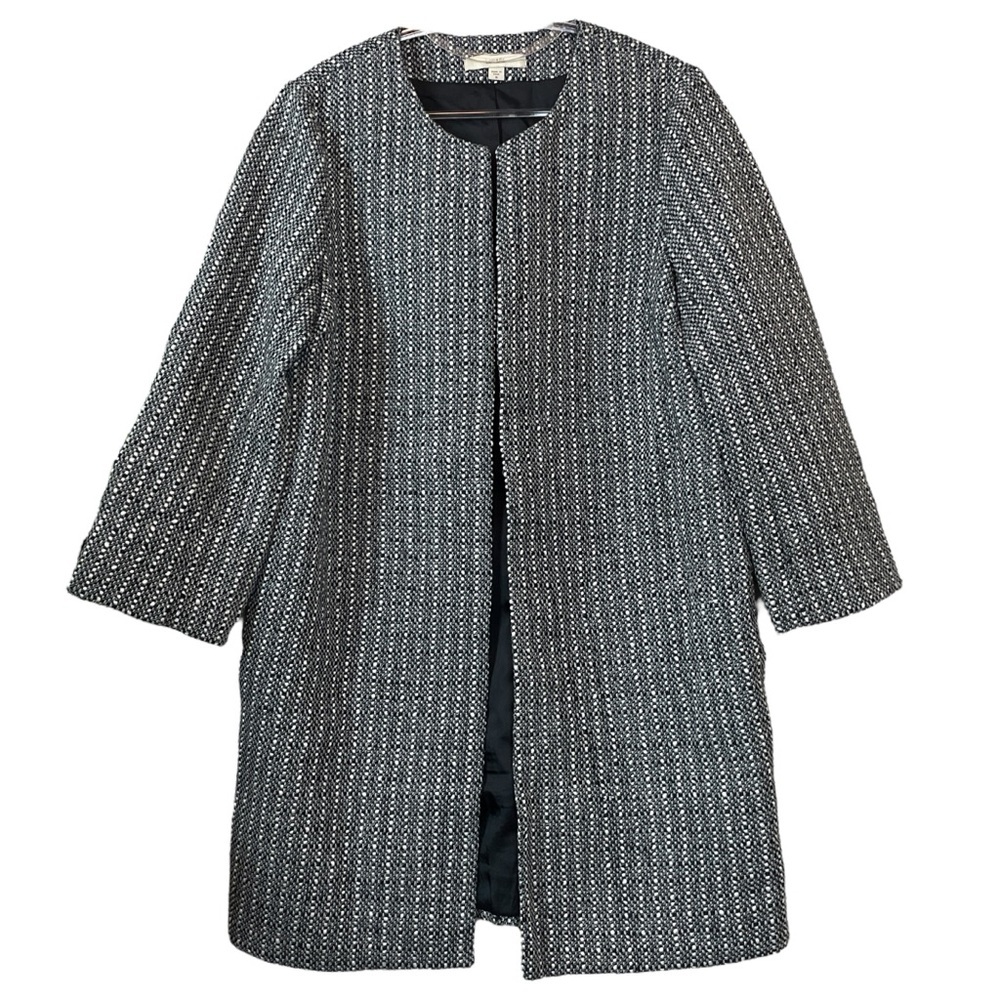 Lark & Ro Tweed Knit Open Front Collarless Long Coat Jacket Gray Black Size 8